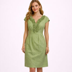 NWT Women's Jessica Howard Green Ruffle V-Neck Linen Blend Dress Size 8